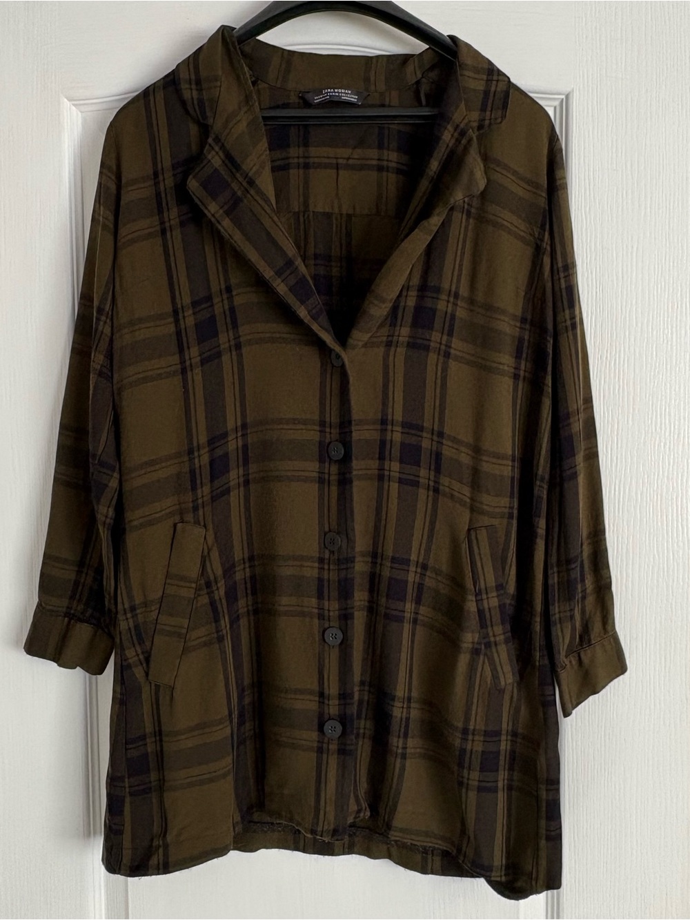 Zara Relaxed Plaid Button-Front Women’s Top - Olive Green